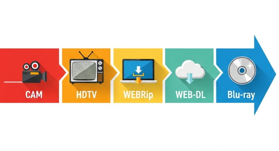 «An infographic showing different movie release types (Blu-ray, WEB-DL, WEBRip, HDTV, CAM), with icons and arrows showing quality hierarchy from low (CAM) to high (Blu-ray), clean modern flat design»